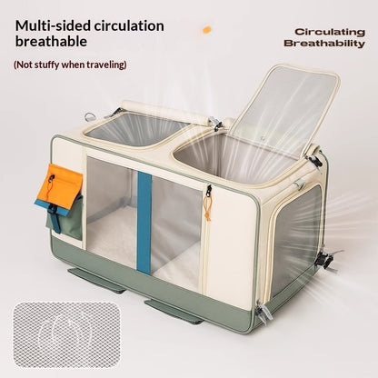 Light green rolling pet carrier with zip-open mesh panels and top ventilation