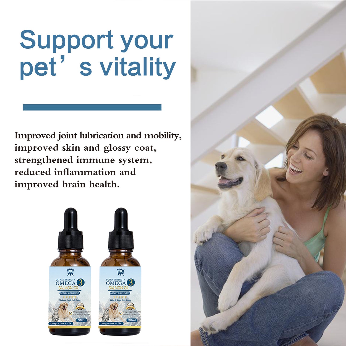 Two Omega 3 salmon oil Pet Care bottles for pet vitality, 30ml each