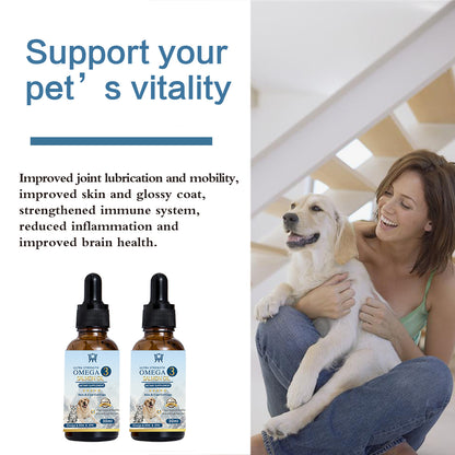 Two Omega 3 salmon oil Pet Care bottles for pet vitality, 30ml each
