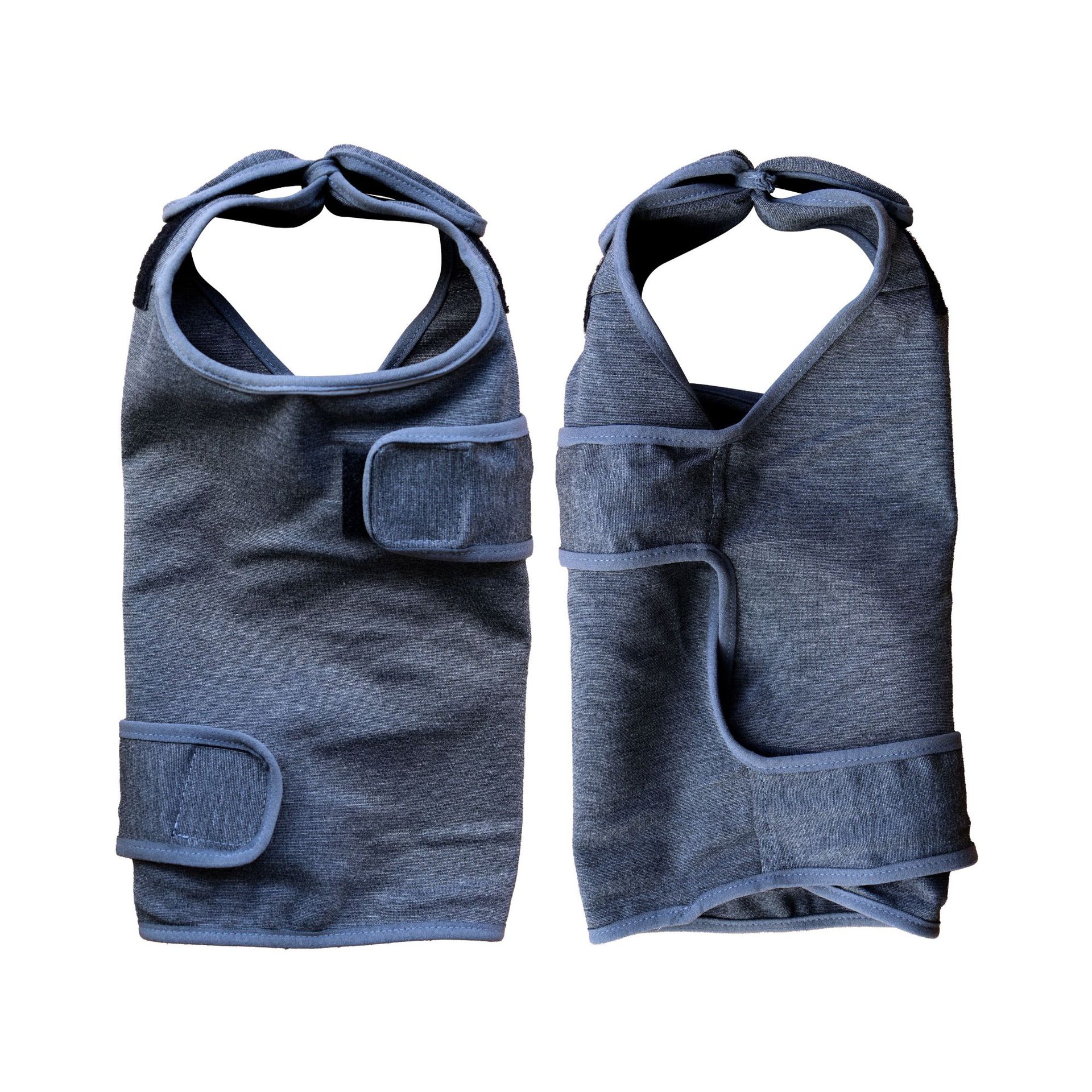 Dog anxiety vest, dark gray sleeveless wrap with adjustable neck and chest closures