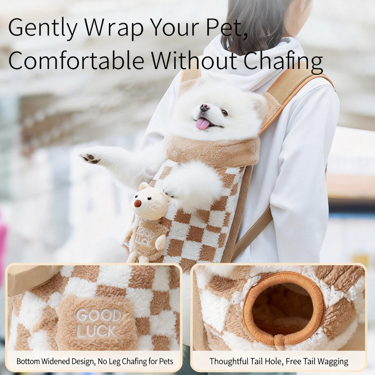 Front-facing plush pet carrier backpack, tan with adjustable straps and circular tail opening