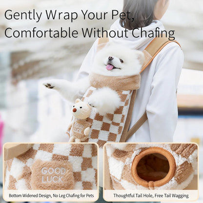 Front-facing plush pet carrier backpack, tan with adjustable straps and circular tail opening