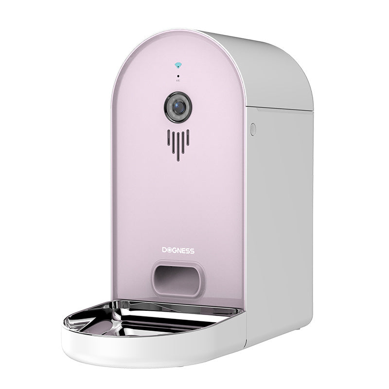 Smart Pet Feeder Barbie Pink mit Kamera, geöffneter Futterwanne