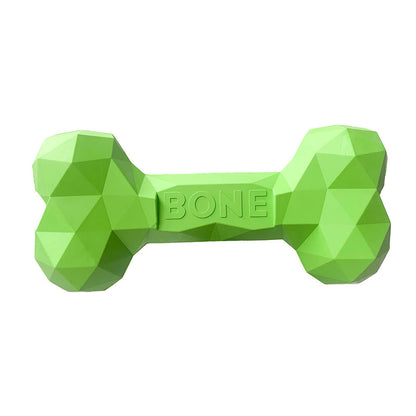 Green geometric rubber bone chew toy with embossed BONE logo