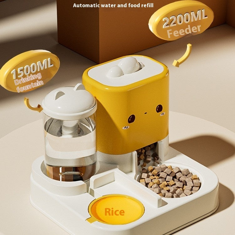 Cat water fountain and automatic feeder in cheese yellow, showing water refill and kibble bowl