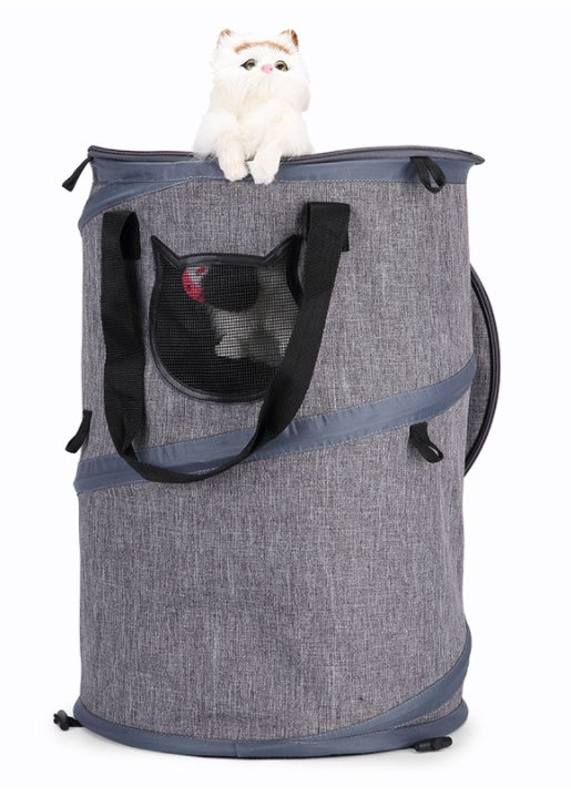 Grey foldable pet carrier with top opening and front mesh panel for cats or dogs
