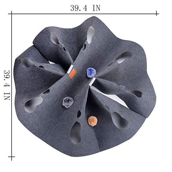 Grey cat hole blanket with paw openings; size diagram shown