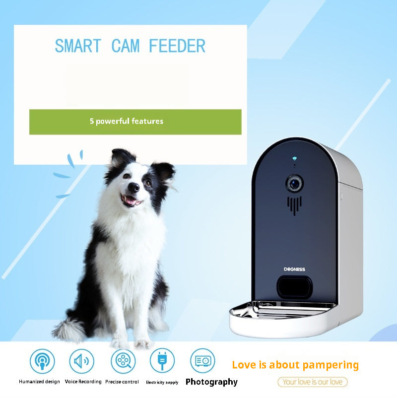 Smart Pet Feeder mit Kamera-Modul, dunkle Vorderseite und weißem Gehäuse