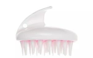 White pet bath grooming brush head with soft pink bristles