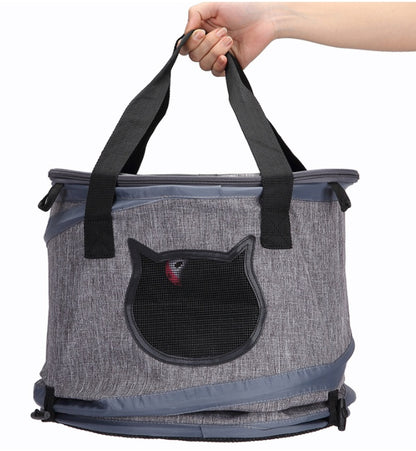 Grey foldable pet carrier bag with cat-ear mesh front and top carry handles