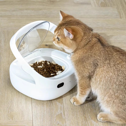 White smart pet feeder with transparent guard and kibble bowl, cat feeding