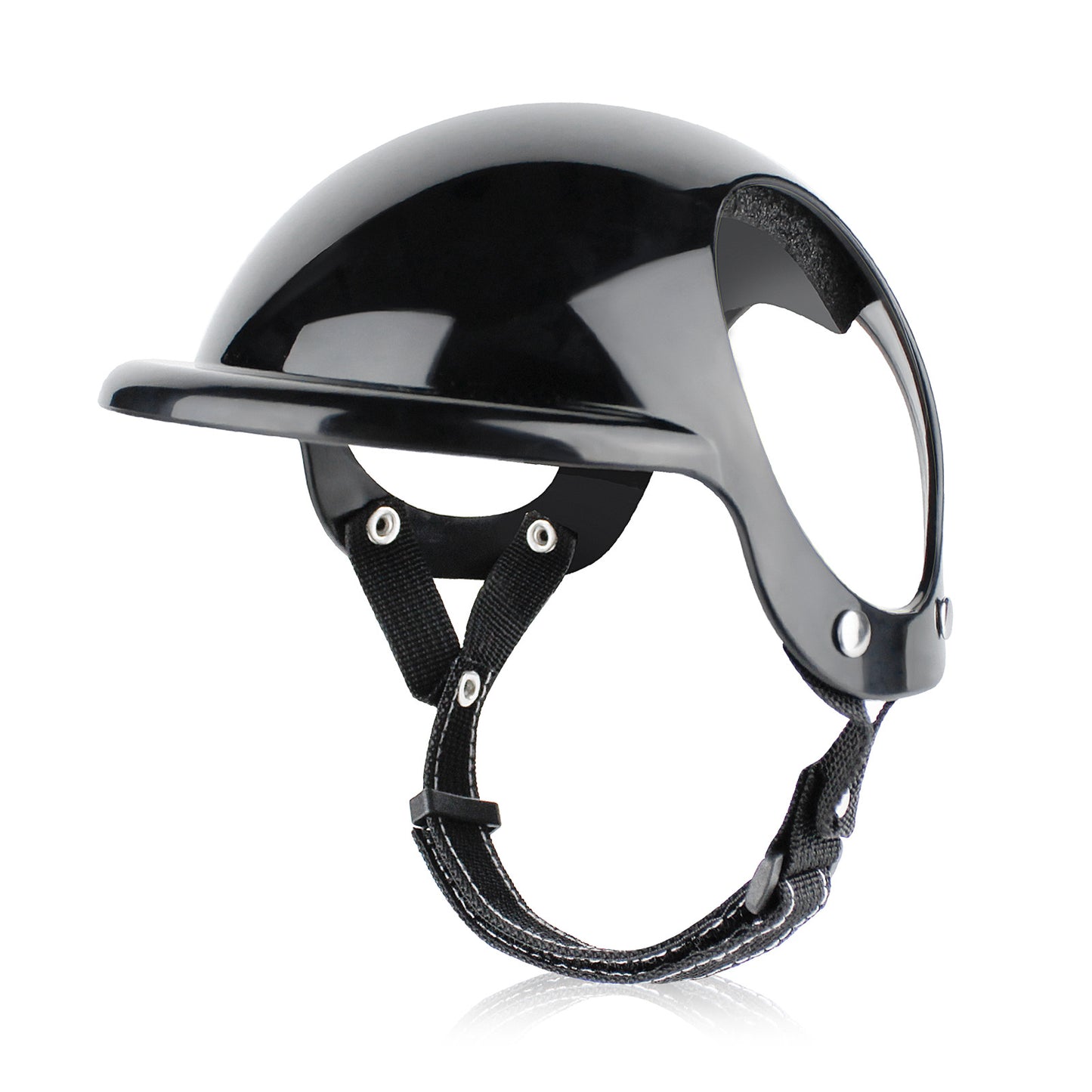 Black pet motorcycle safety helmet with clear visor, chin strap, and fastening clips