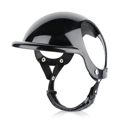 Black pet motorcycle safety helmet with clear visor, chin strap, and fastening clips