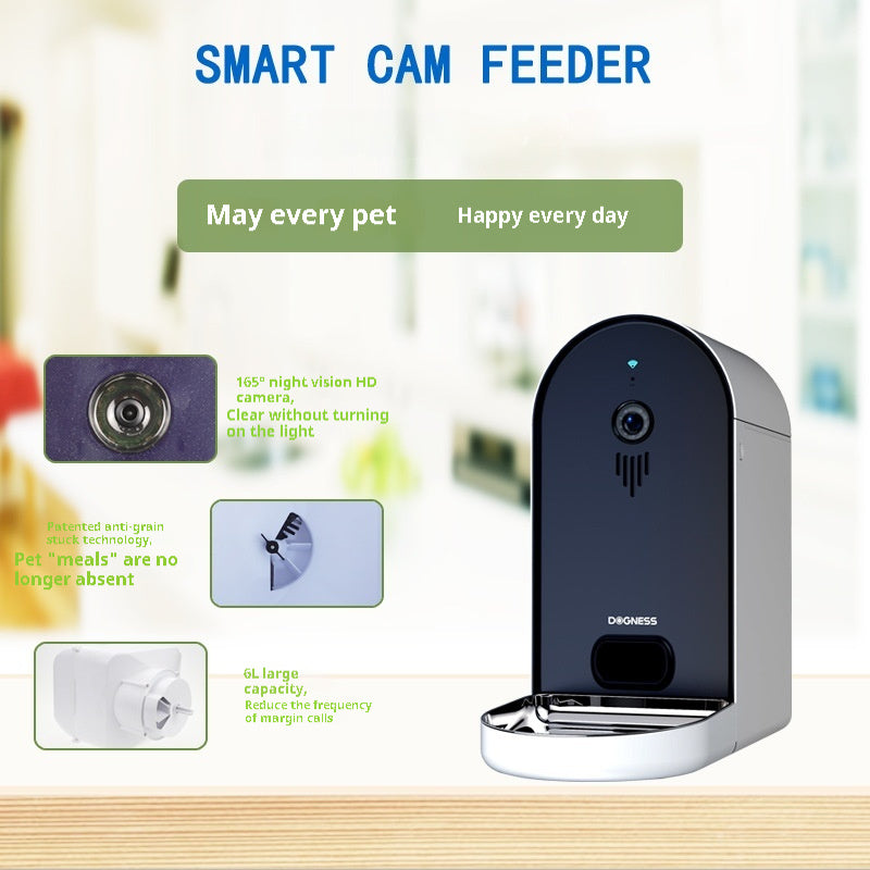 Smart Pet Feeder mit Kamera und Futterbereich, dunkle Front am weißen Gehäuse