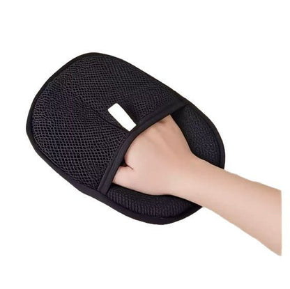 Pet hair remover mitt, dark gray/black, worn on hand