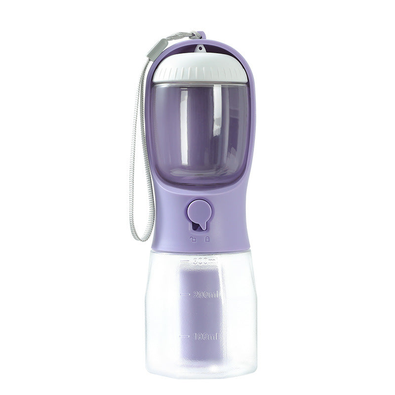 3-in-1 portable dog water & food cup in Wisteria Purple, with lanyard and dispenser spout
