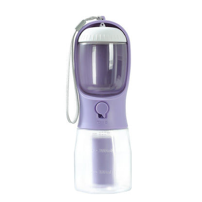 3-in-1 portable dog water & food cup in Wisteria Purple, with lanyard and dispenser spout