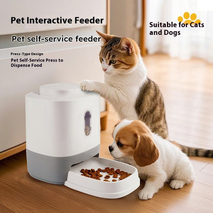Automatic Pet Feeder 1.5L, gray & white base with press-style food dispenser