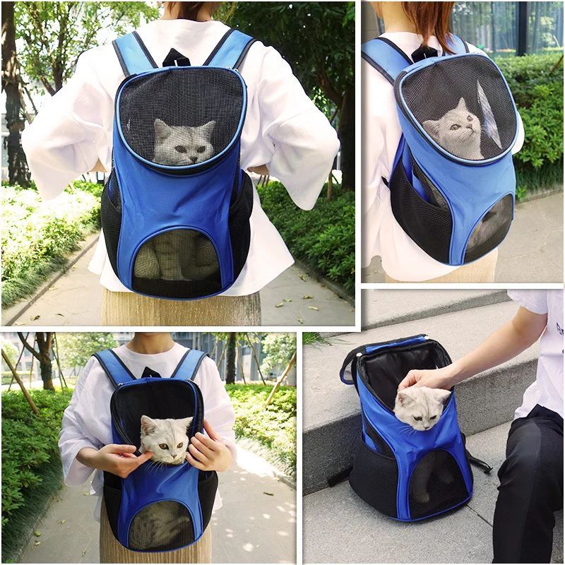 Blue breathable pet carrier backpack with front mesh opening on a person