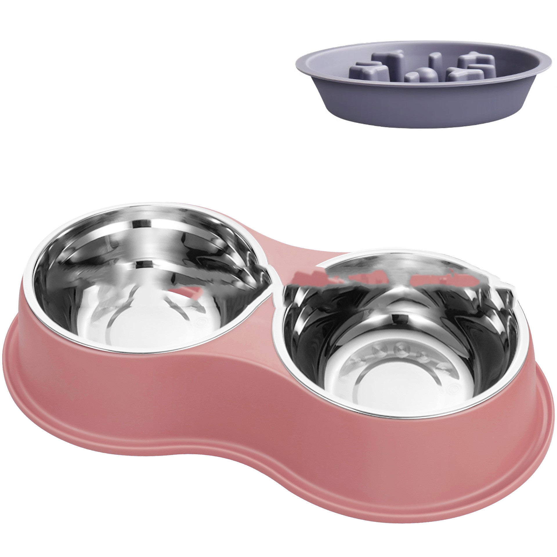 Pink slow-feeding pet bowl: two stainless steel bowls with maze insert