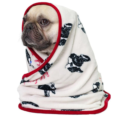 Beige pet blanket with hood, black-and-white dog print and red trim