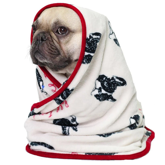 Beige pet blanket with hood, black-and-white dog print and red trim
