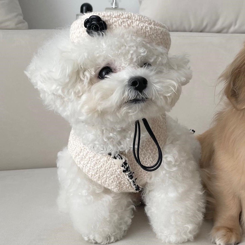 Beige knitted pet beanie hat with black rose detail and small tie cords