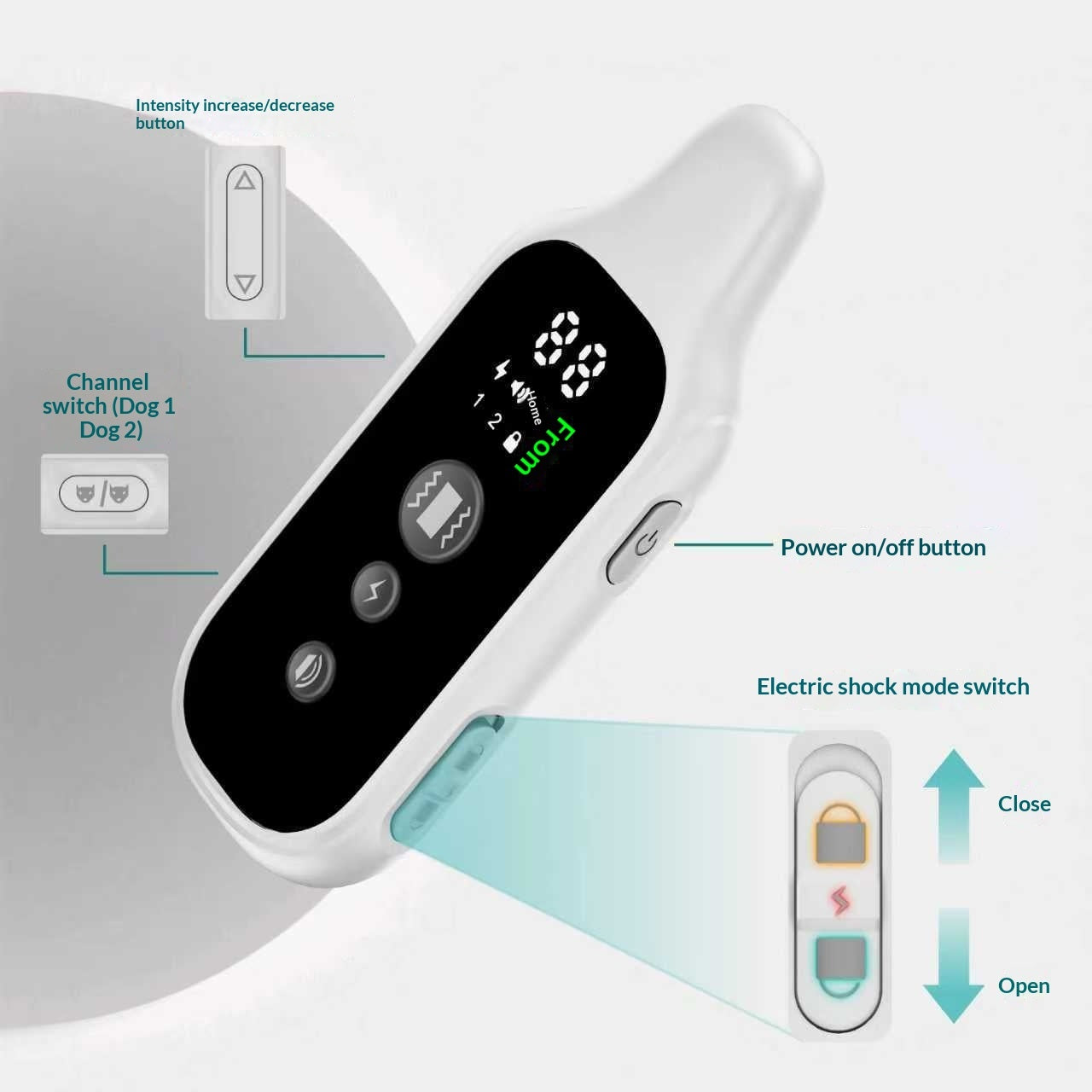 White handheld remote controller with black display for anti-bark training