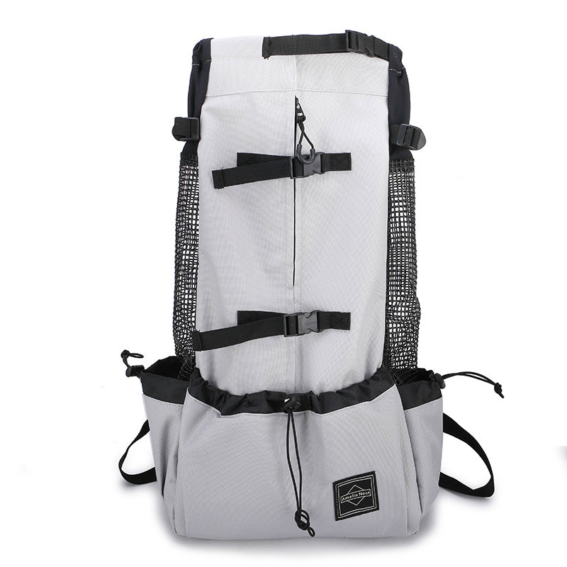 Petcare dog carrier backpack, grey, front harness strap and mesh side panels