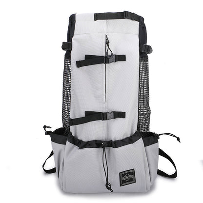 Petcare dog carrier backpack, grey, front harness strap and mesh side panels