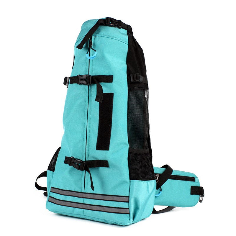 Pet Backpack Breathable Carrier Bag, teal angled view with front harness straps