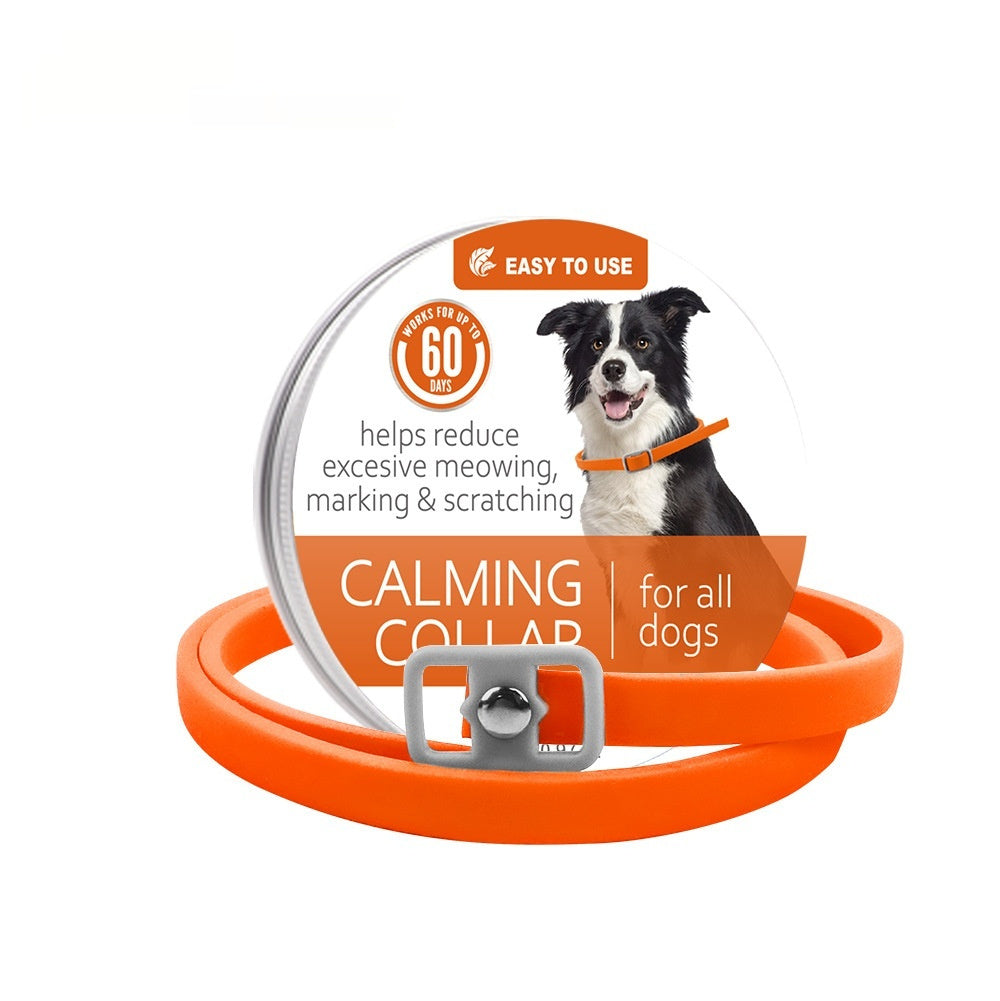 Calming collar with buckle, orange strap—helps reduce excessive meowing/marking