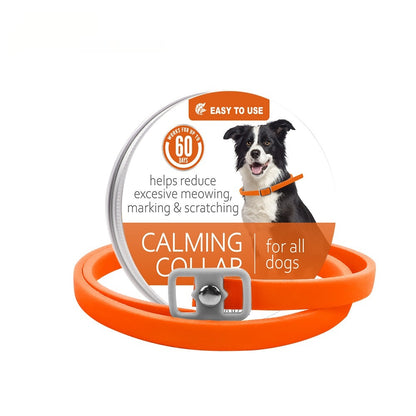 Calming collar with buckle, orange strap—helps reduce excessive meowing/marking