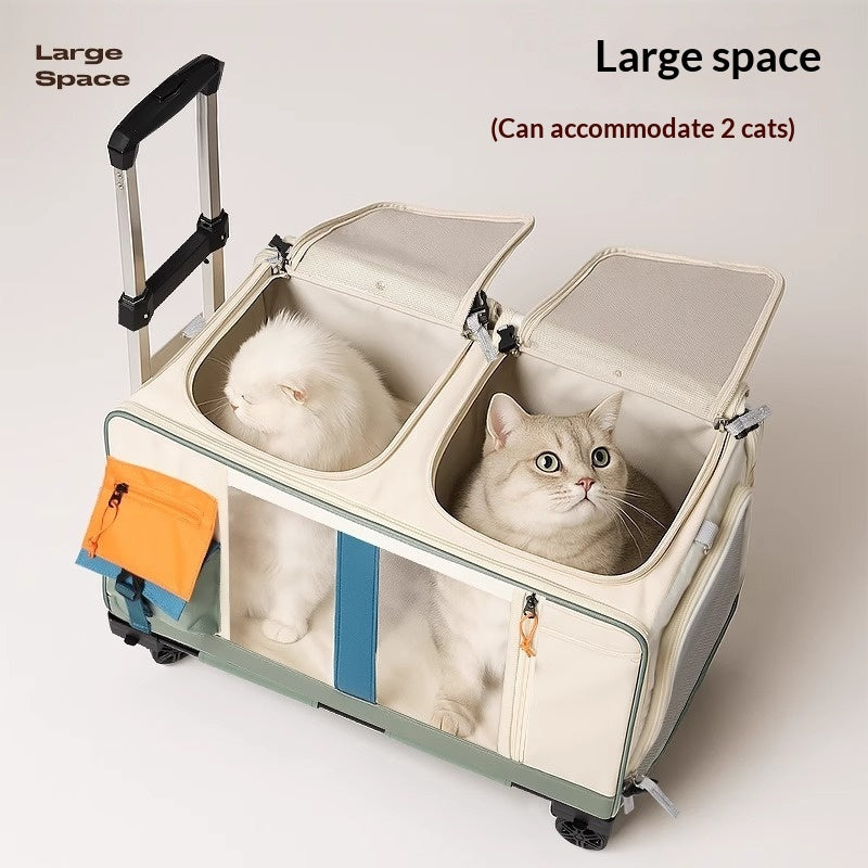 Light green large-capacity rolling pet carrier, two open side compartments