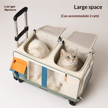 Light green large-capacity rolling pet carrier, two open side compartments