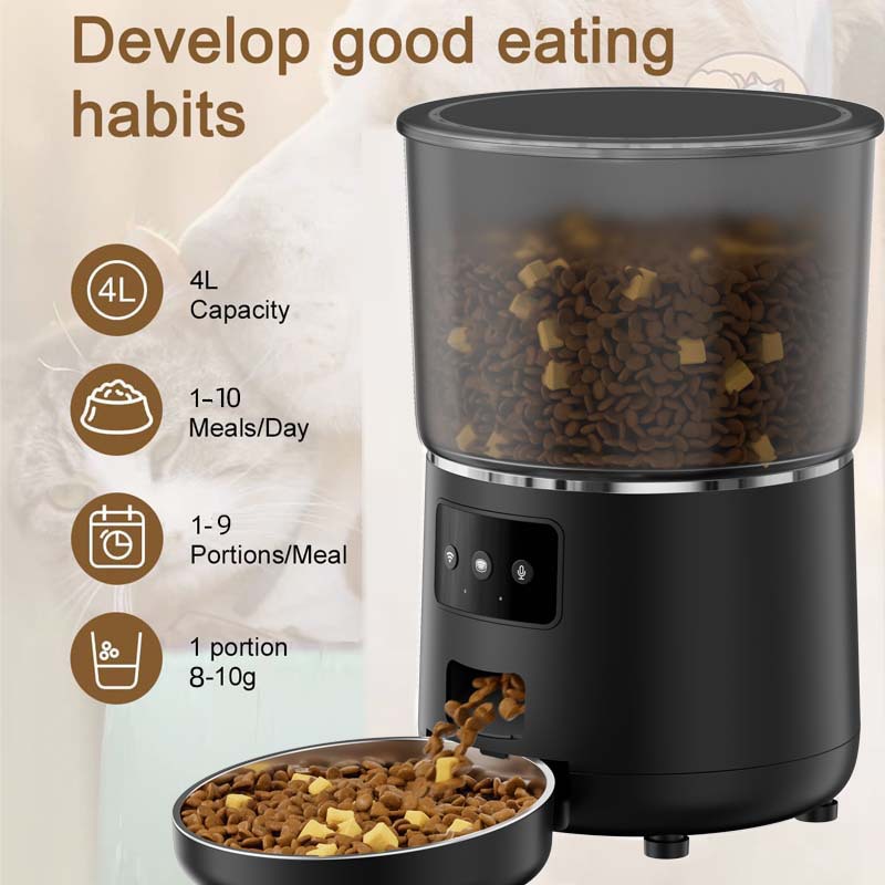 Automatic pet feeder 4L, black body with food chute and filled feeding bowl