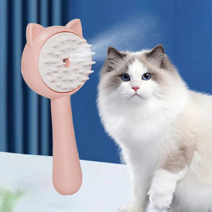 Pink cat grooming brush head with soft mist sprayer pins