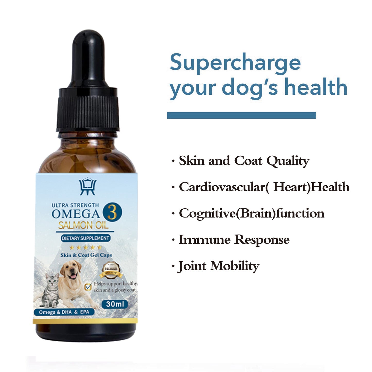 Omega 3 salmon oil Pet Care bottle supplement with 30ml label