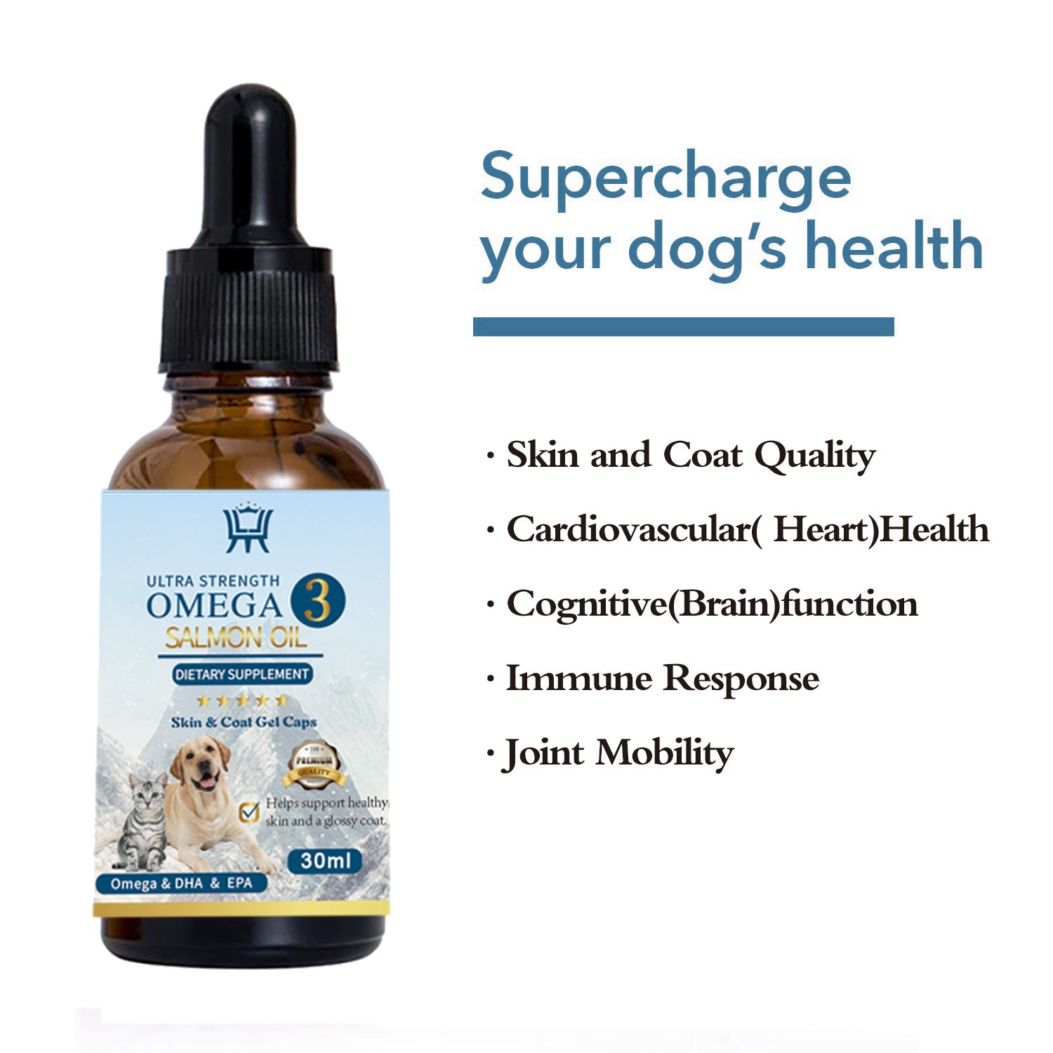 Omega 3 salmon oil Pet Care bottle supplement with 30ml label