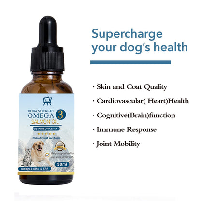Omega 3 salmon oil Pet Care bottle supplement with 30ml label