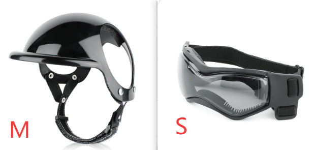 Pet safety helmet sizes shown: black helmet (M) and face shield visor (S)
