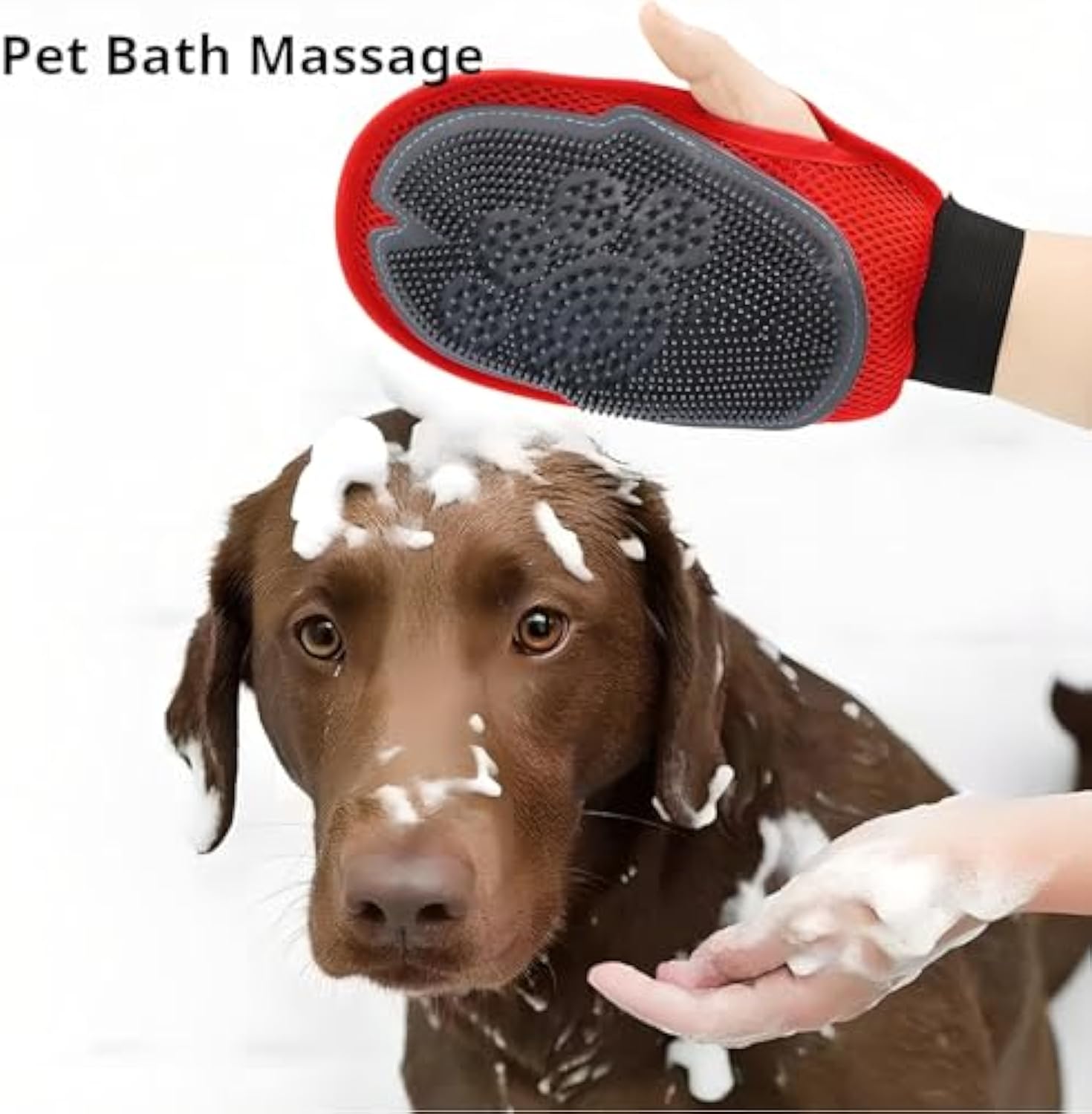 Red pet bath massage glove with hand-held fit, gray nubs for gentle grooming
