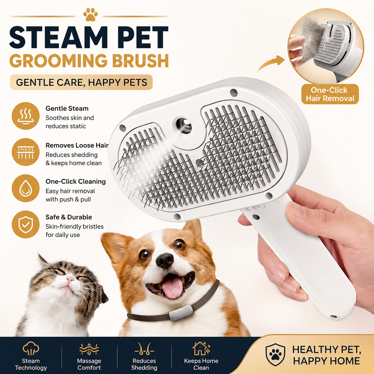 3-in-1 Cat Steam Brush | Mist Grooming & Pet Hair Remover FurClean Pro™