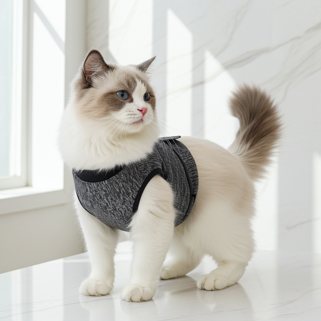 Dark gray vest on cat, side profile with shoulder cutouts and adjustable straps