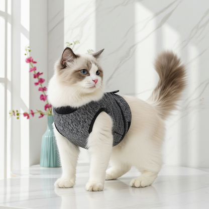 Dark gray adjustable cat calming vest, cat standing with belly belt visible