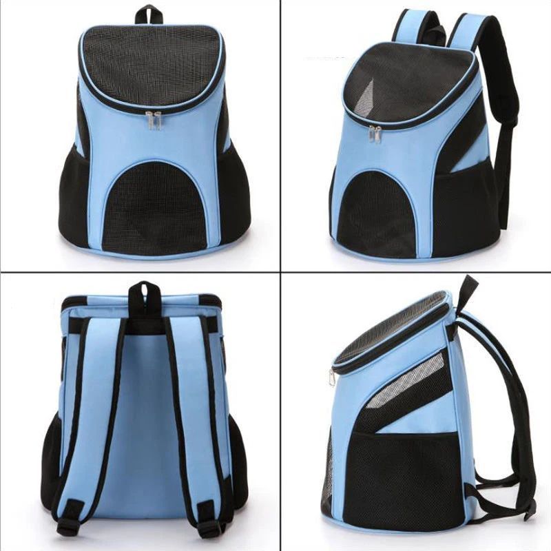 Blue puppy dog carrier backpack, front and back views with padded shoulder straps