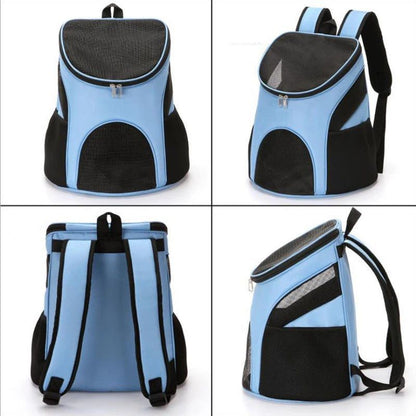 Blue puppy dog carrier backpack, front and back views with padded shoulder straps