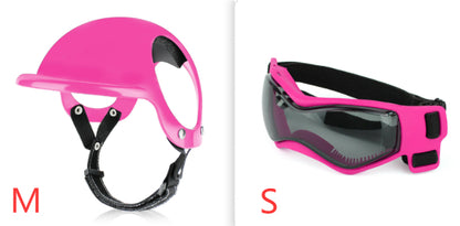 Pet safety helmet sizes shown: pink helmet (M) and pink face shield visor (S)