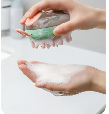 Green 2-in-1 shampoo soap dispenser brush, hand squeezing suds