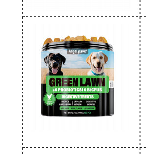 Green Lawn probiotics & fiber dog supplement tub with green “DIGESTIVE TREATS” text